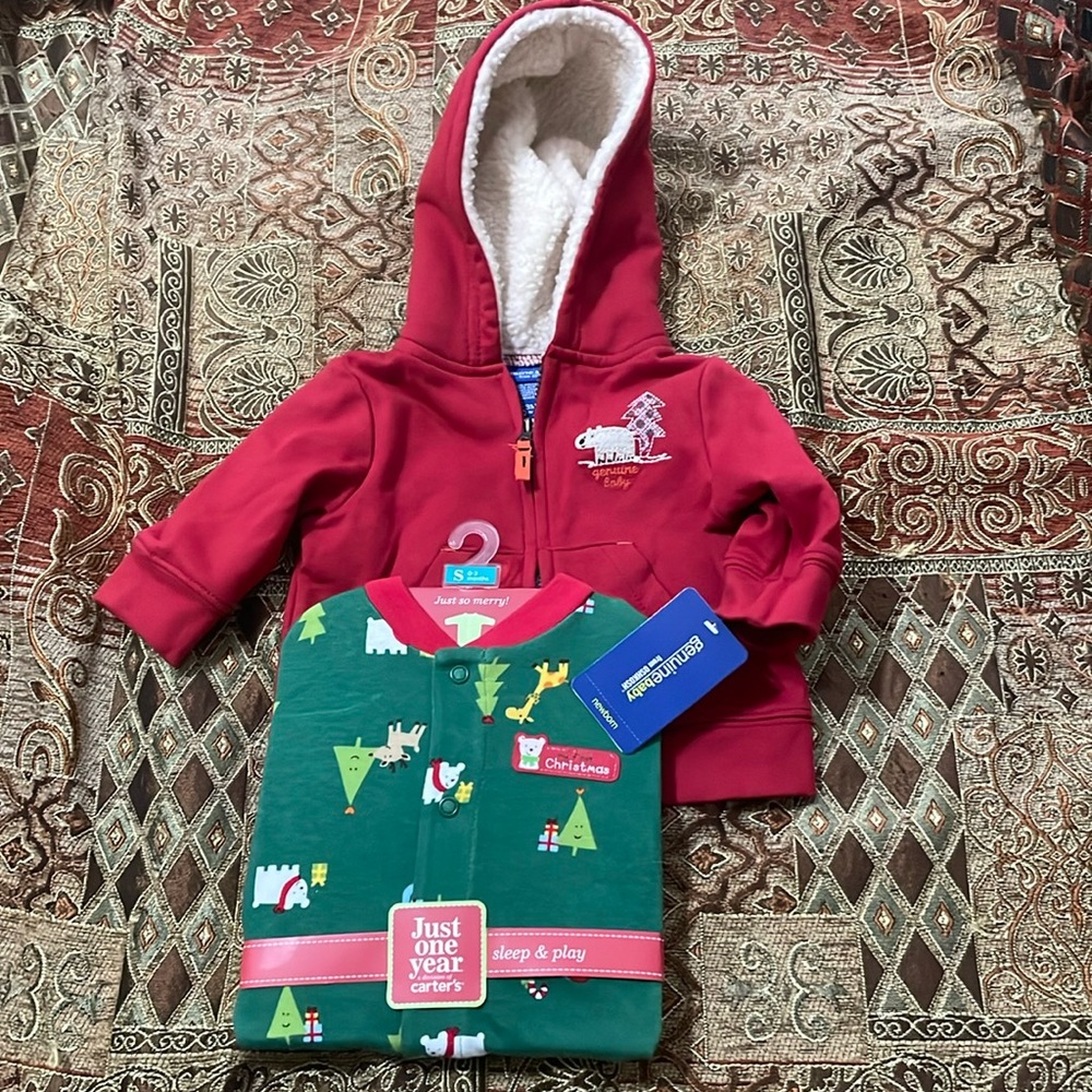 Genuine Baby SZ 3M Zip Front Fleece Hoodie and My First Christmas Sleep and Play